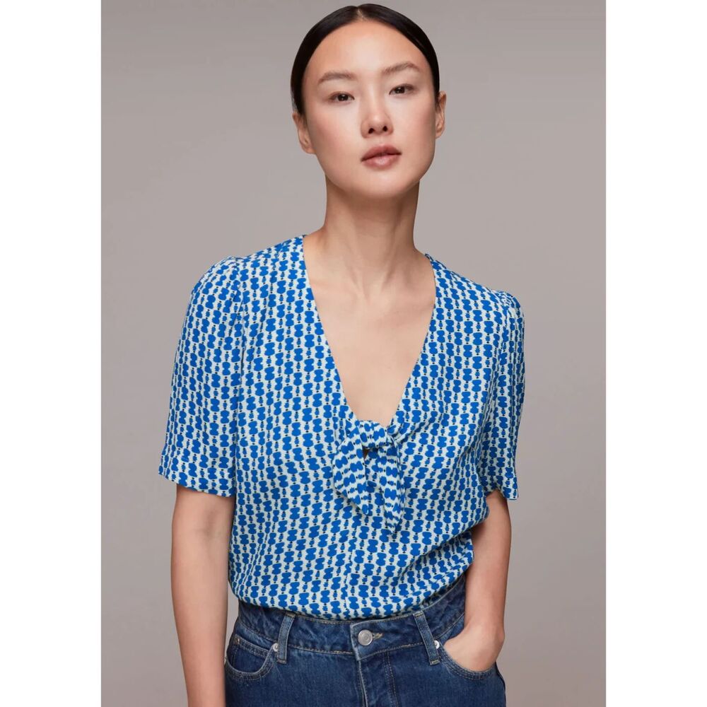 Whistles Vertical Stack Bow Half Sleeve Top in Blue & White Geometric size 4